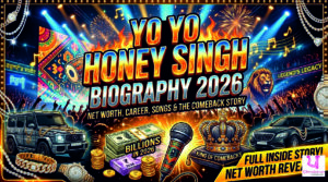 Yo Yo Honey Singh biography 2026 showing music, microphone, stage lights, and rap hip-hop themed design representing his career, comeback, and success in Punjabi and Bollywood music industry