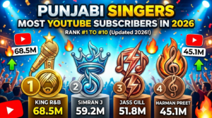 Modern music-themed thumbnail featuring a YouTube play button, subscriber counter graphics, music notes, headphones, sound waves, and bold text highlighting Punjabi singers with the most YouTube subscribers in 2026. No celebrity images included.