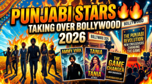 Modern cinematic thumbnail design representing Punjabi and Bollywood entertainment crossover with vibrant film reels, stage lights, and global film industry connection theme