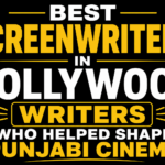 Black background thumbnail with bold white and yellow text reading "Best Screenwriters in Pollywood – Writers Who Helped Shape Punjabi Cinema." The design features a pen icon and modern typography with no celebrity or movie images.