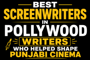 Black background thumbnail with bold white and yellow text reading "Best Screenwriters in Pollywood – Writers Who Helped Shape Punjabi Cinema." The design features a pen icon and modern typography with no celebrity or movie images.