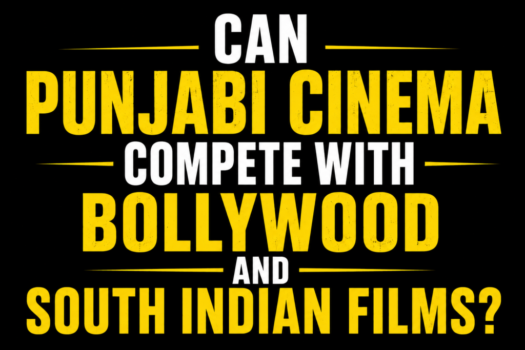 Bold text-based thumbnail asking whether Punjabi cinema can compete with Bollywood and South Indian films, featuring yellow and white typography on a black background.