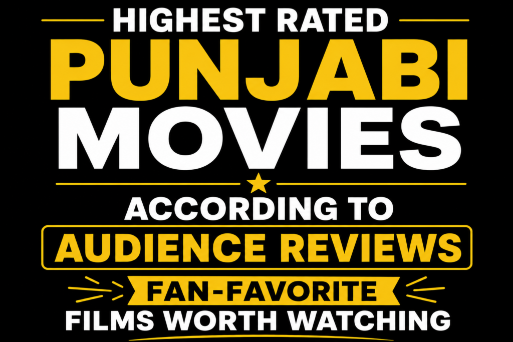 Black background thumbnail with bold white and yellow text reading "Highest Rated Punjabi Movies According to Audience Reviews – Fan-Favorite Films Worth Watching." The design features star icons and modern typography, with no celebrity or movie images.