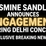 Jasmine Sandlas engagement announcement thumbnail with bold yellow and white text on a black background, highlighting her Delhi concert announcement.