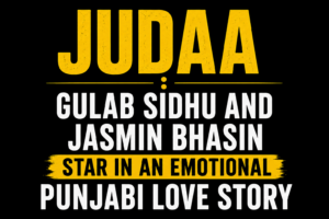 Judaa Punjabi movie thumbnail with bold yellow and white text featuring Gulab Sidhu and Jasmin Bhasin in an emotional Punjabi love story.