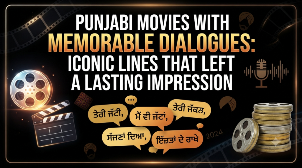 Punjabi Movies With Memorable Dialogues thumbnail featuring bold yellow and white text on a black background, highlighting iconic dialogue-driven Punjabi films without celebrity images.