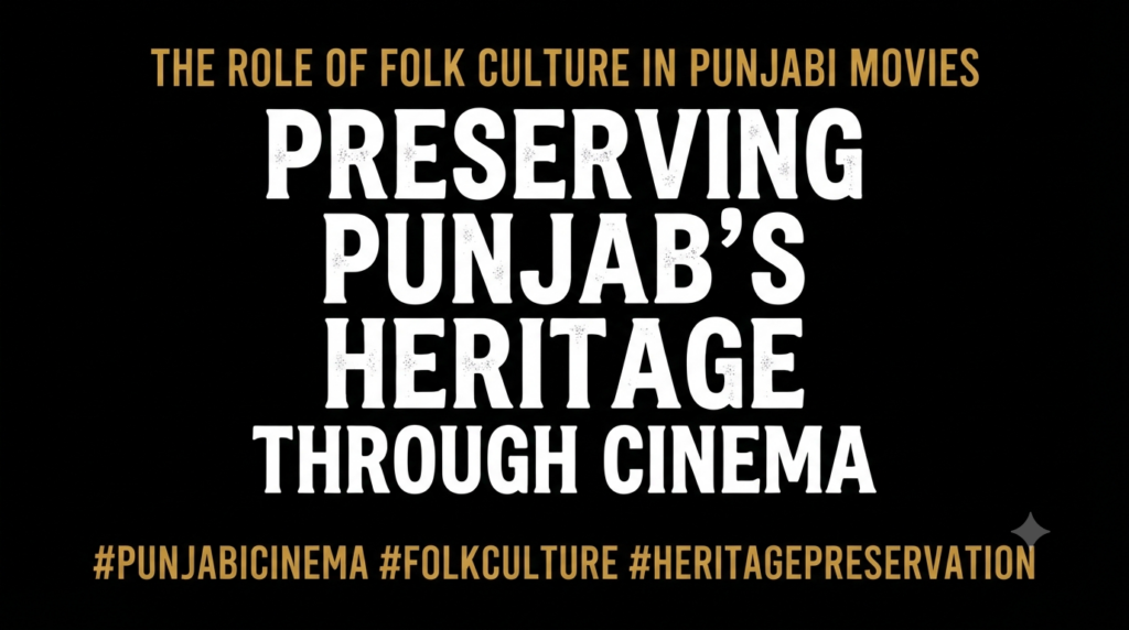 Black background thumbnail with bold white and golden-yellow text reading "The Role of Folk Culture in Punjabi Movies" and "Preserving Punjab's Heritage Through Cinema" in a clean, modern typography design without celebrity images.
