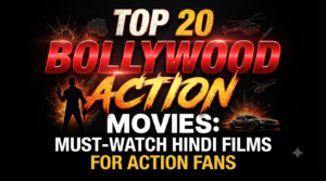 Black background thumbnail with bold yellow and white text reading "Top 20 Bollywood Action Movies" featuring action-themed graphics like a clapperboard, film reel, explosion effects, and cinematic elements without any celebrity images.