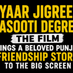 Yaar Jigree Kasooti Degree The Film thumbnail with bold yellow and white text on a black background highlighting the Punjabi friendship story.