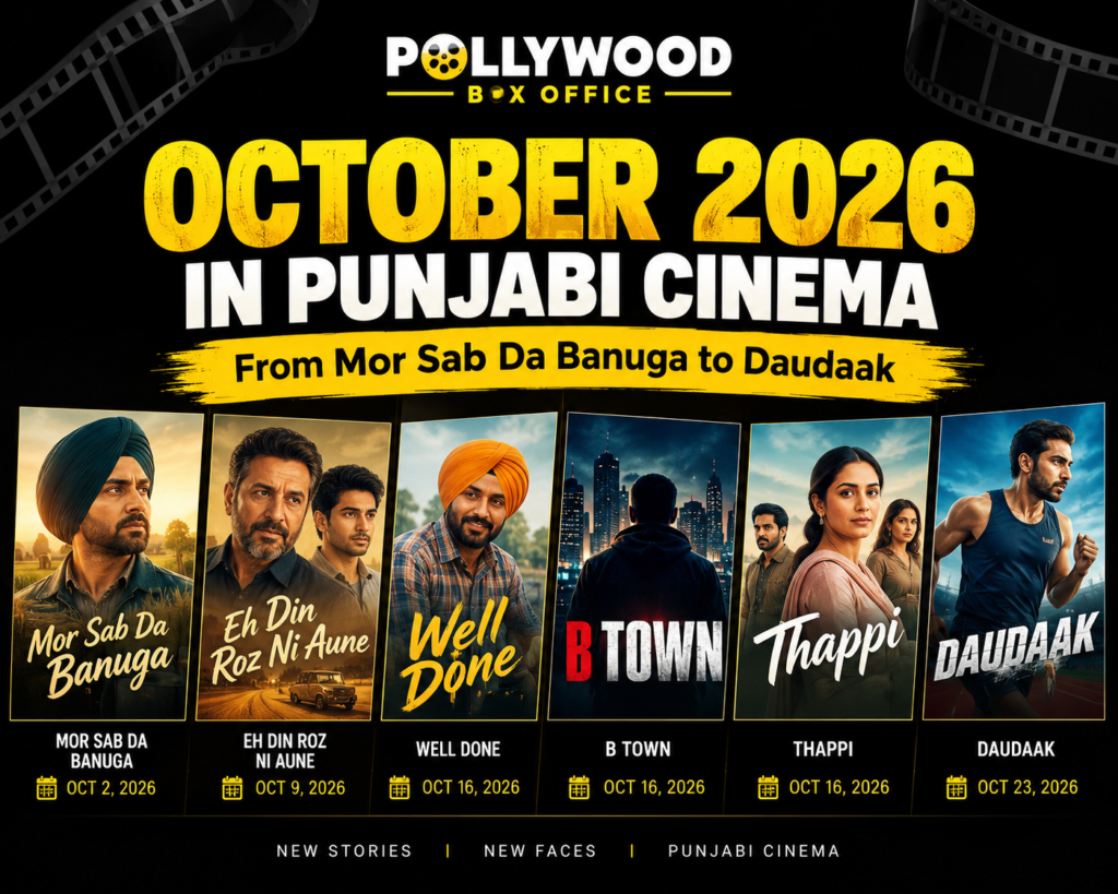 October 2026 Punjabi cinema release calendar featuring Mor Sab Da Banuga, Eh Din Roz Ni Aune, Thappi and Daudaak