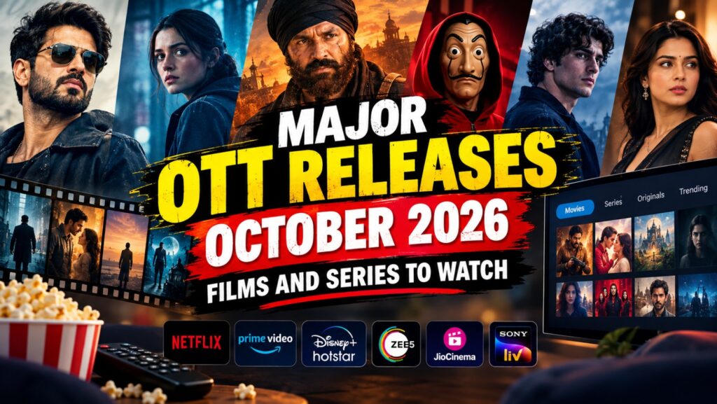 Major OTT releases in October 2026 including films and web series on Netflix, Prime Video, JioHotstar and ZEE5